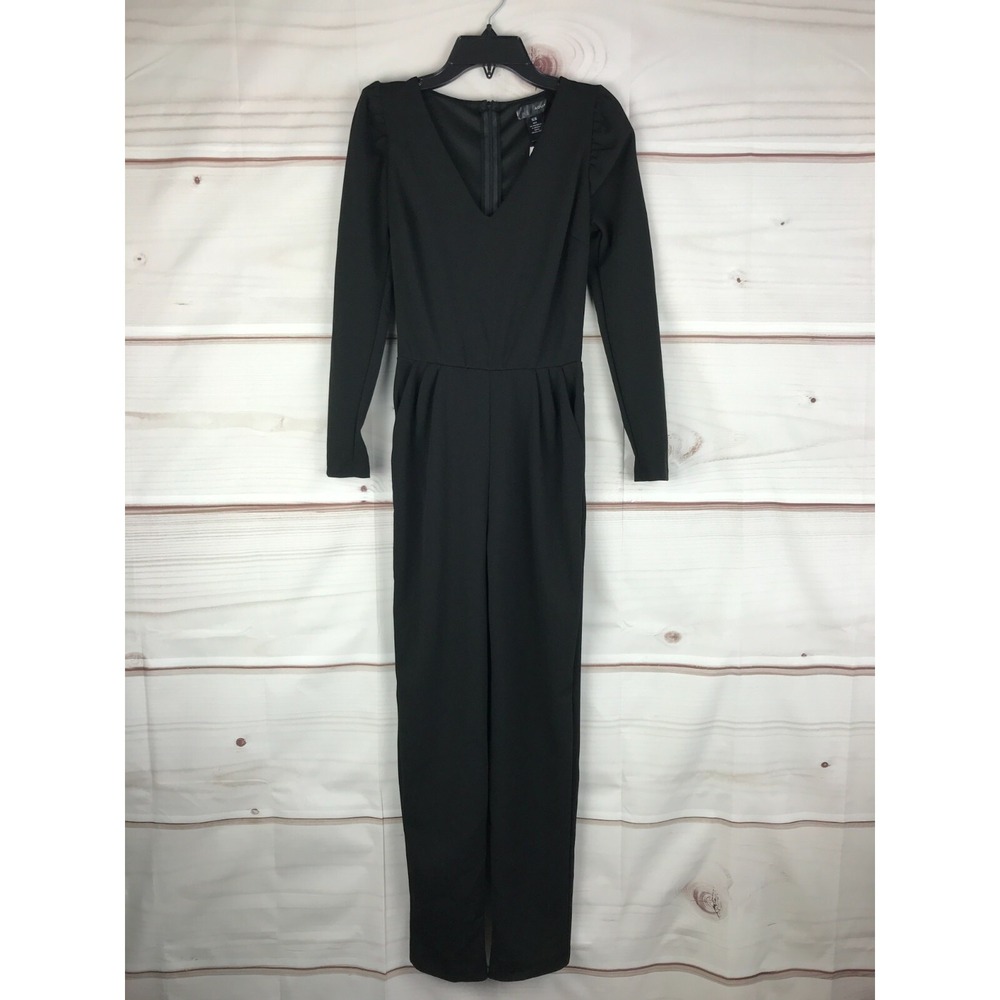 Aqua Jumpsuit Womens XS Long Sleeve V-Neck Black Pockets Stretch Straight‎ Leg